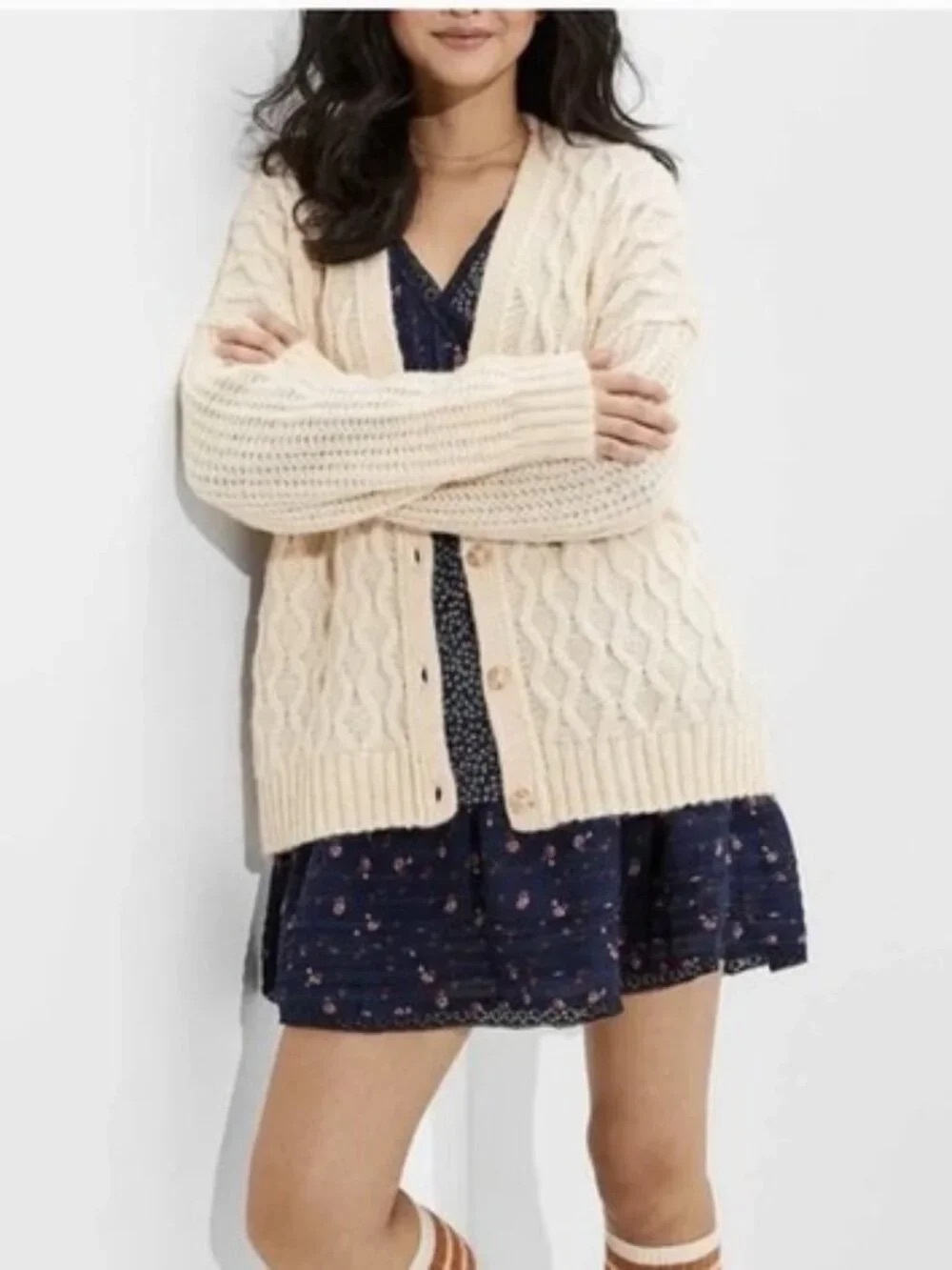Vintage American Eagle Outfitters Cream Chunky Cable-Knit Button Cardigan
